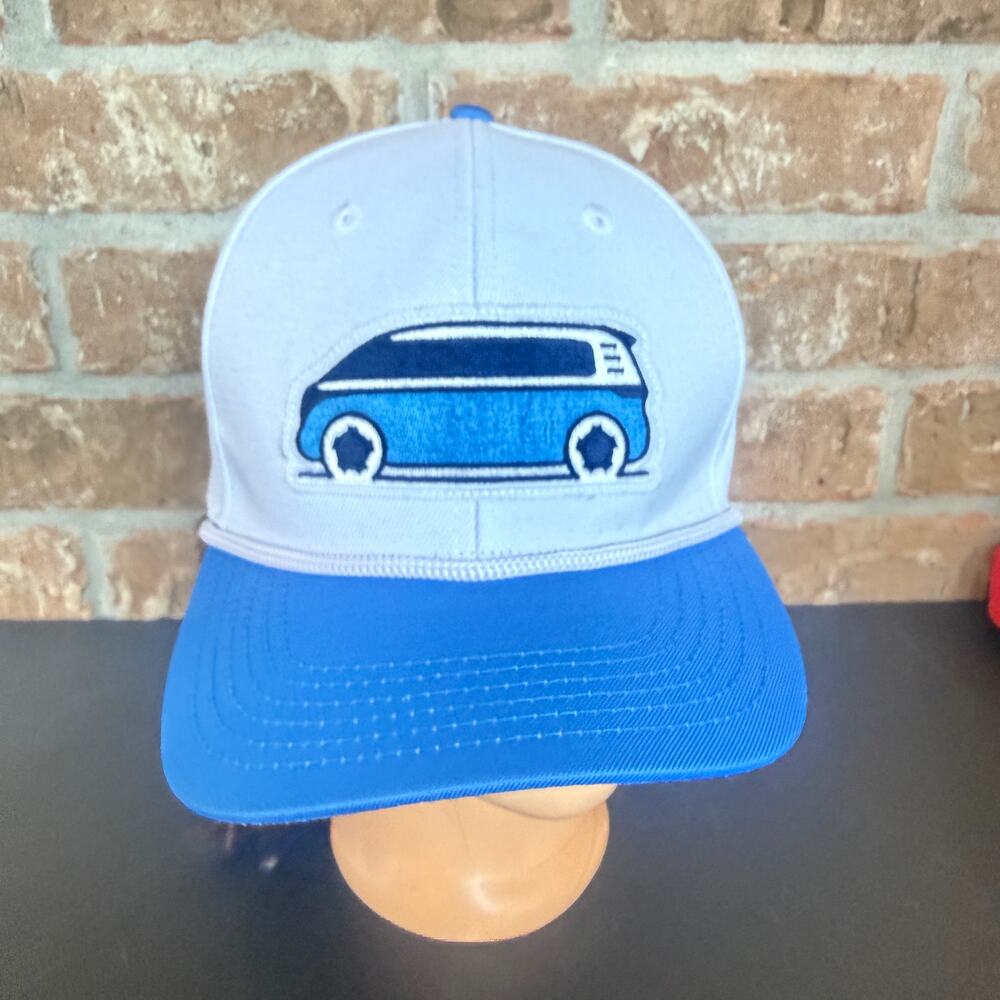 VW Bus Snapback Hat Blue White Embroidered Van Retro Snap Back Cap